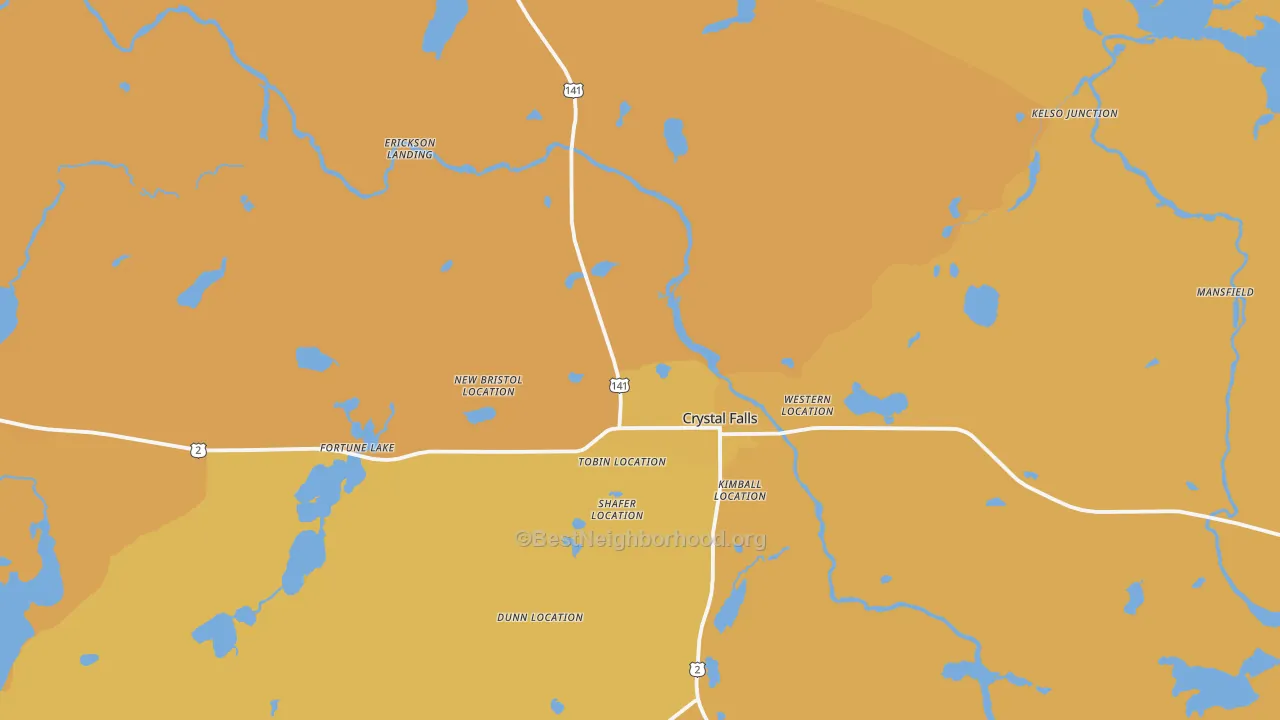 Map of the best neighborhoods in the Crystal Falls area, with better matches in green and worse matches in red