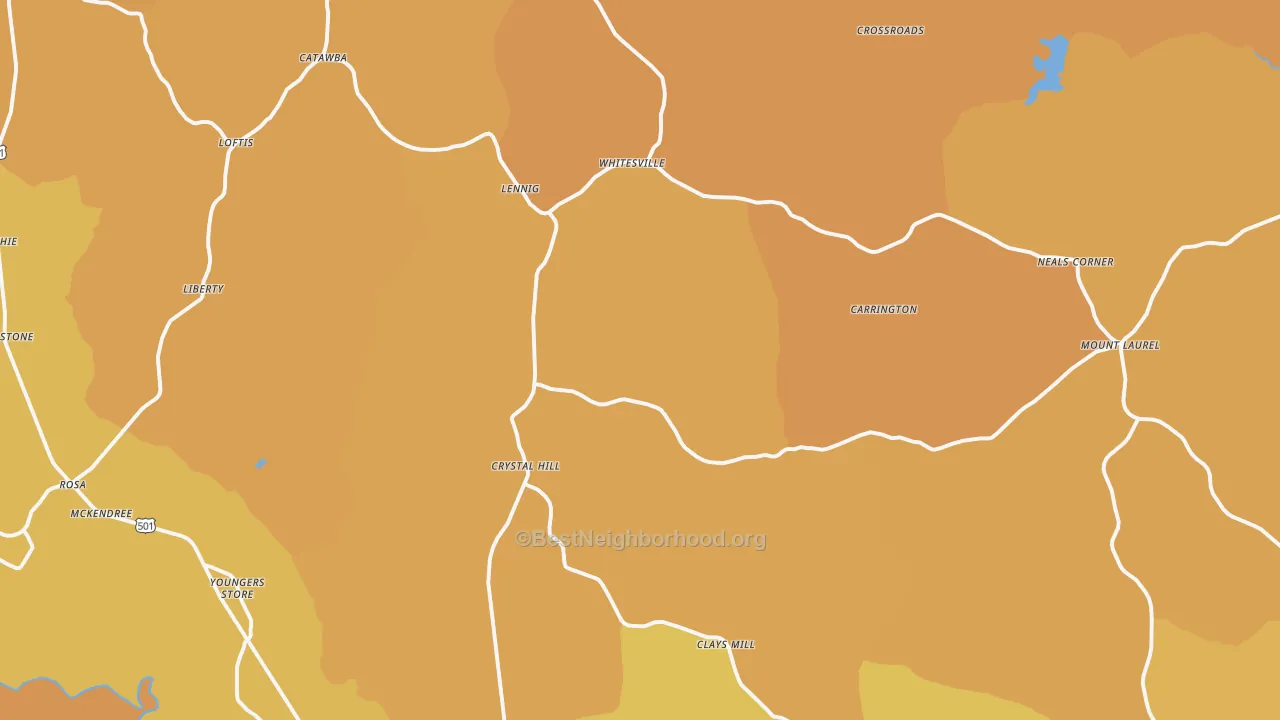 Map of the best neighborhoods in the Crystal Hill area, with better matches in green and worse matches in red