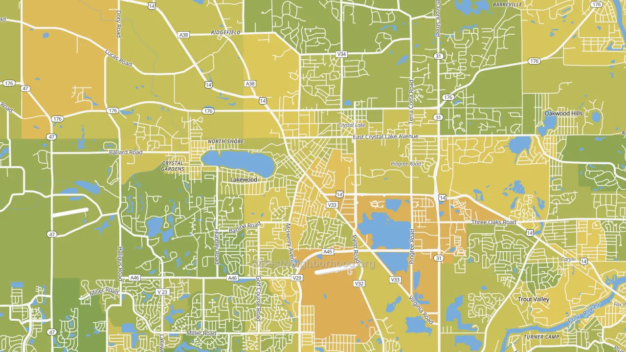 Map of the best neighborhoods in the Crystal Lake area, with better matches in green and worse matches in red