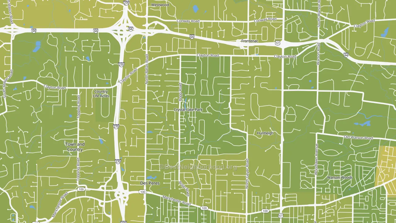 Map of the best neighborhoods in the Crystal Lake Park area, with better matches in green and worse matches in red