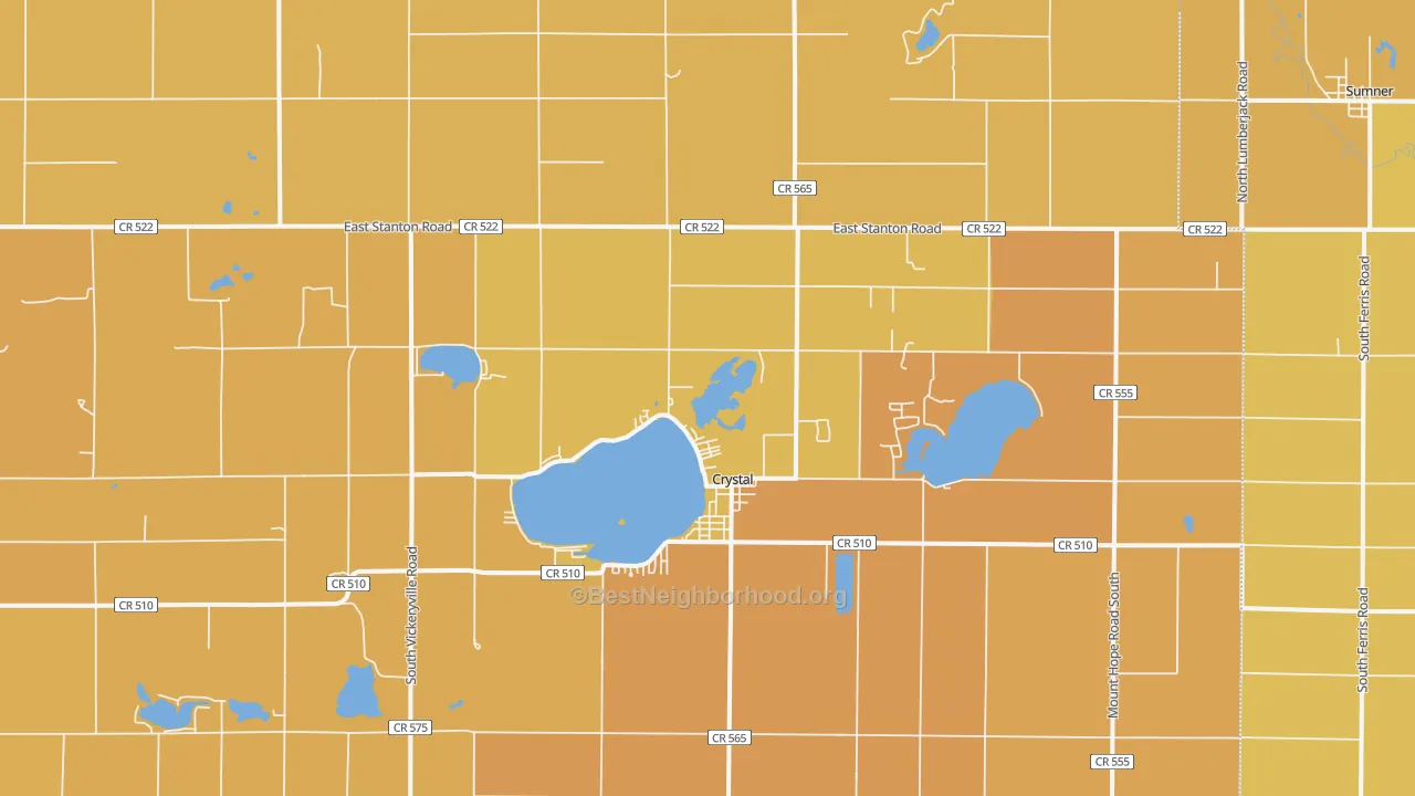 Map of the best neighborhoods in the Crystal area, with better matches in green and worse matches in red