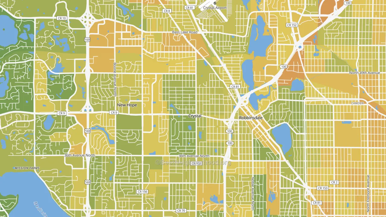 Map of the best neighborhoods in the Crystal area, with better matches in green and worse matches in red