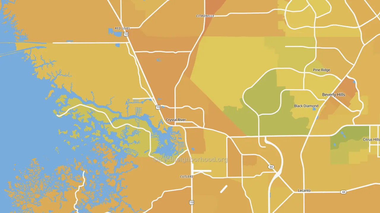 Map of the best neighborhoods in the Crystal River area, with better matches in green and worse matches in red