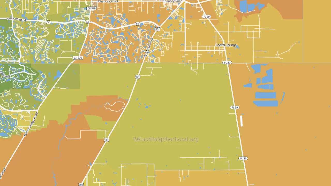 Map of the best neighborhoods in the Crystal Springs area, with better matches in green and worse matches in red