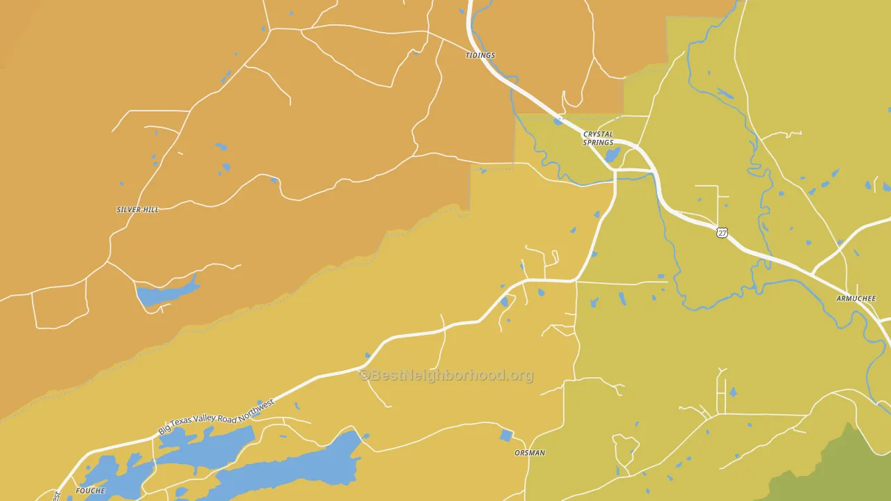 Map of the best neighborhoods in the Crystal Springs area, with better matches in green and worse matches in red