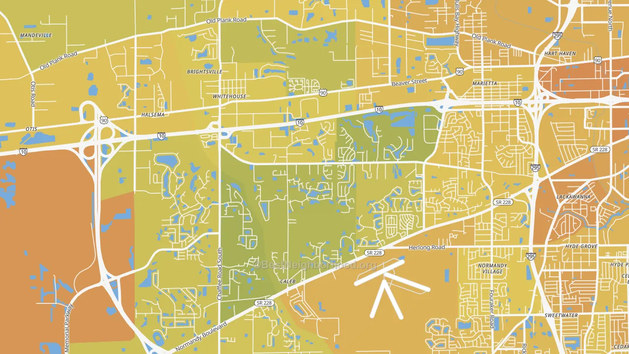 Map of the best neighborhoods in the Crystal Springs, Jacksonville area, with better matches in green and worse matches in red