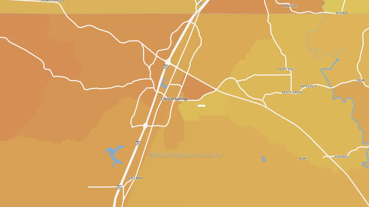 Map of the best neighborhoods in the Crystal Springs area, with better matches in green and worse matches in red