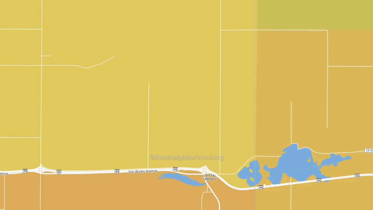 Map of the best neighborhoods in the Crystal Springs area, with better matches in green and worse matches in red