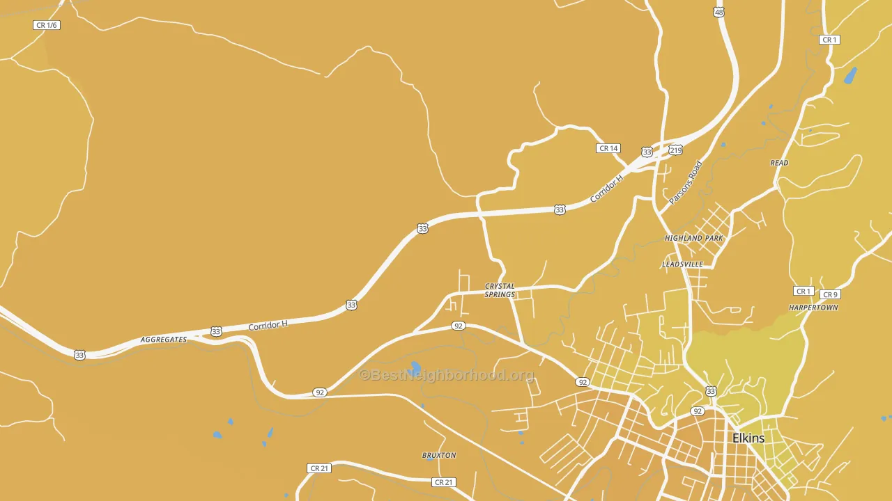 Map of the best neighborhoods in the Crystal Springs area, with better matches in green and worse matches in red