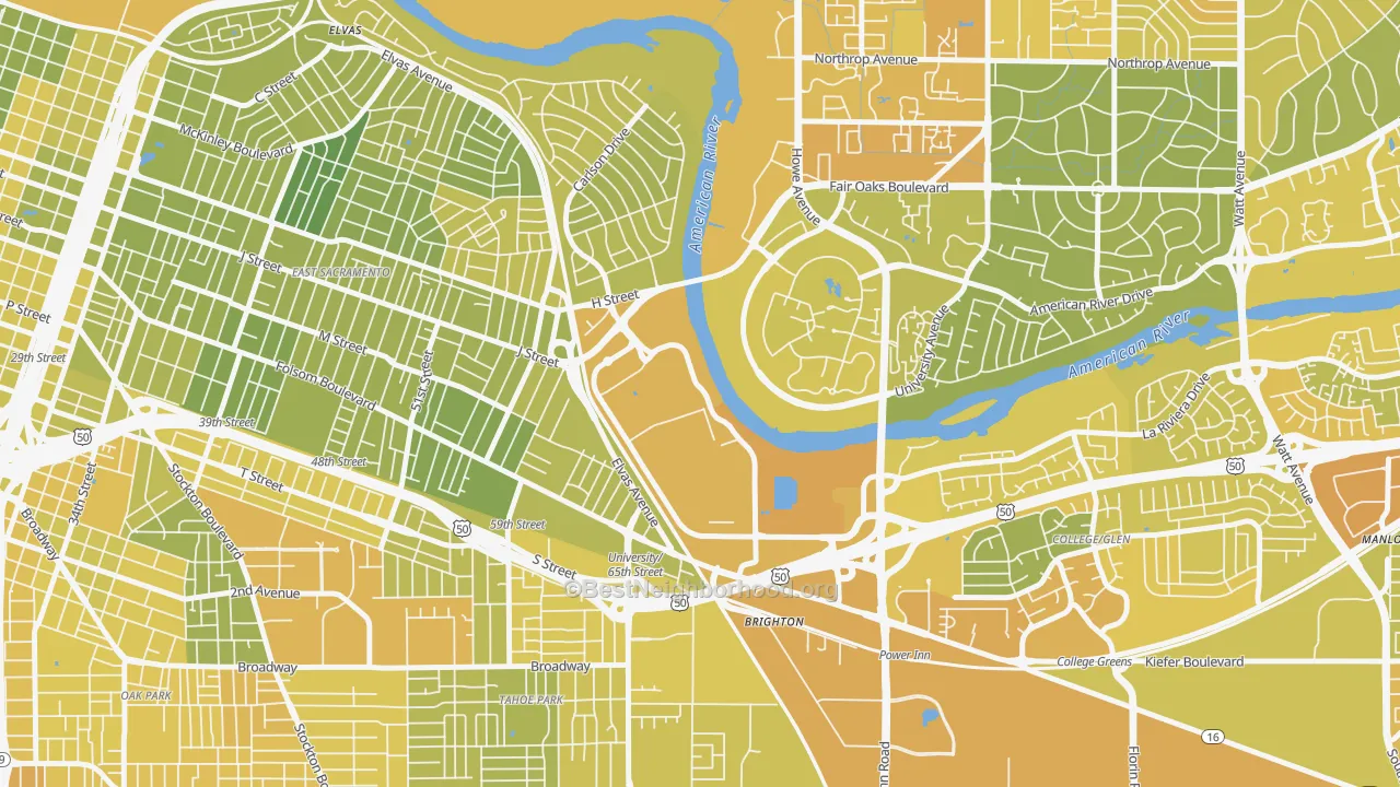 Map of the best neighborhoods in the Csus, Sacramento area, with better matches in green and worse matches in red