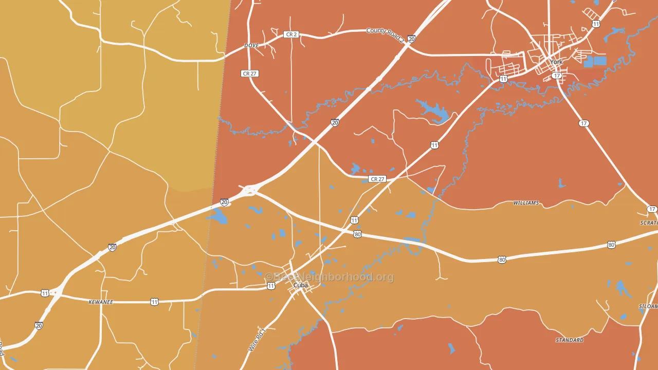 Map of the best neighborhoods in the Cuba area, with better matches in green and worse matches in red