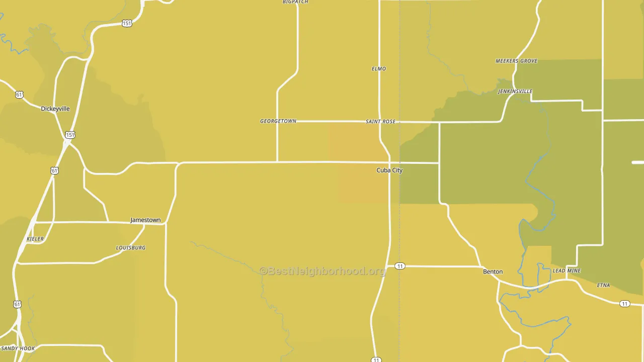 Map of the best neighborhoods in the Cuba City area, with better matches in green and worse matches in red
