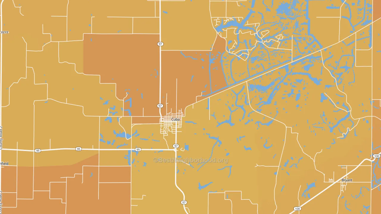 Map of the best neighborhoods in the Cuba area, with better matches in green and worse matches in red