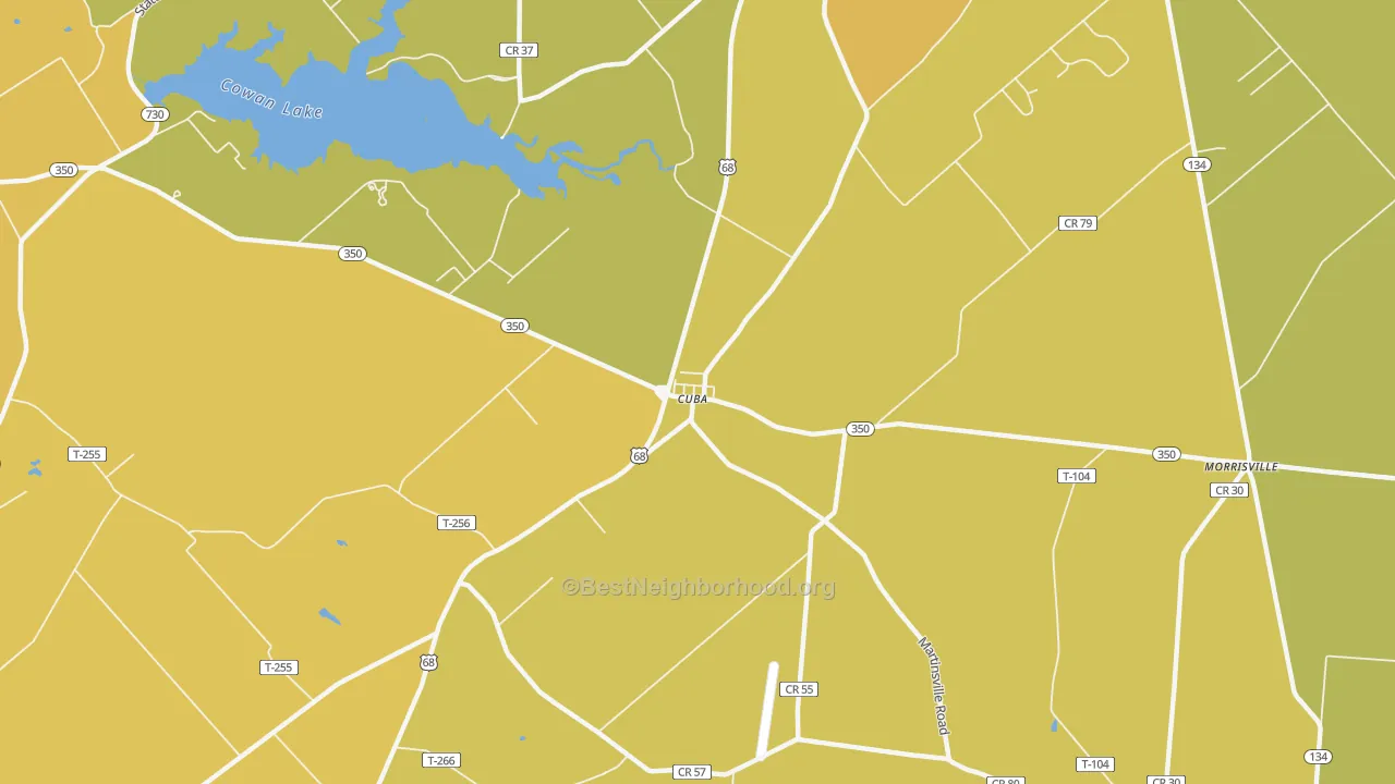 Map of the best neighborhoods in the Cuba area, with better matches in green and worse matches in red