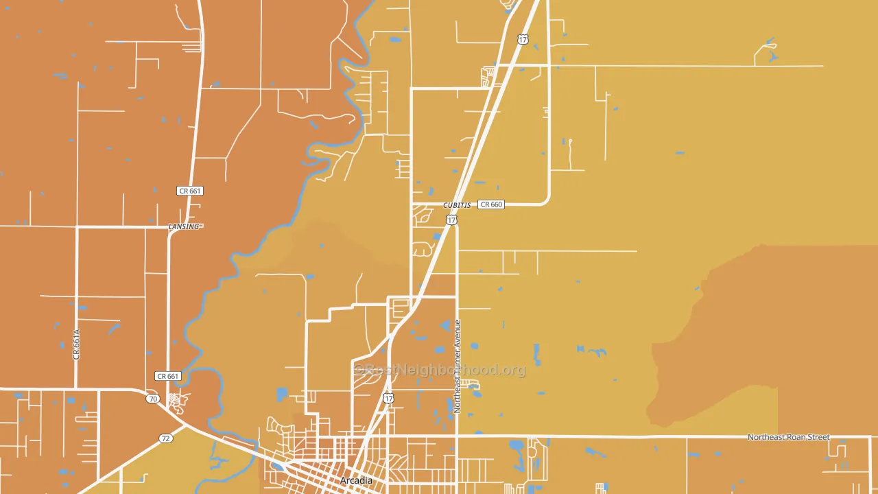 Map of the best neighborhoods in the Cubitis area, with better matches in green and worse matches in red