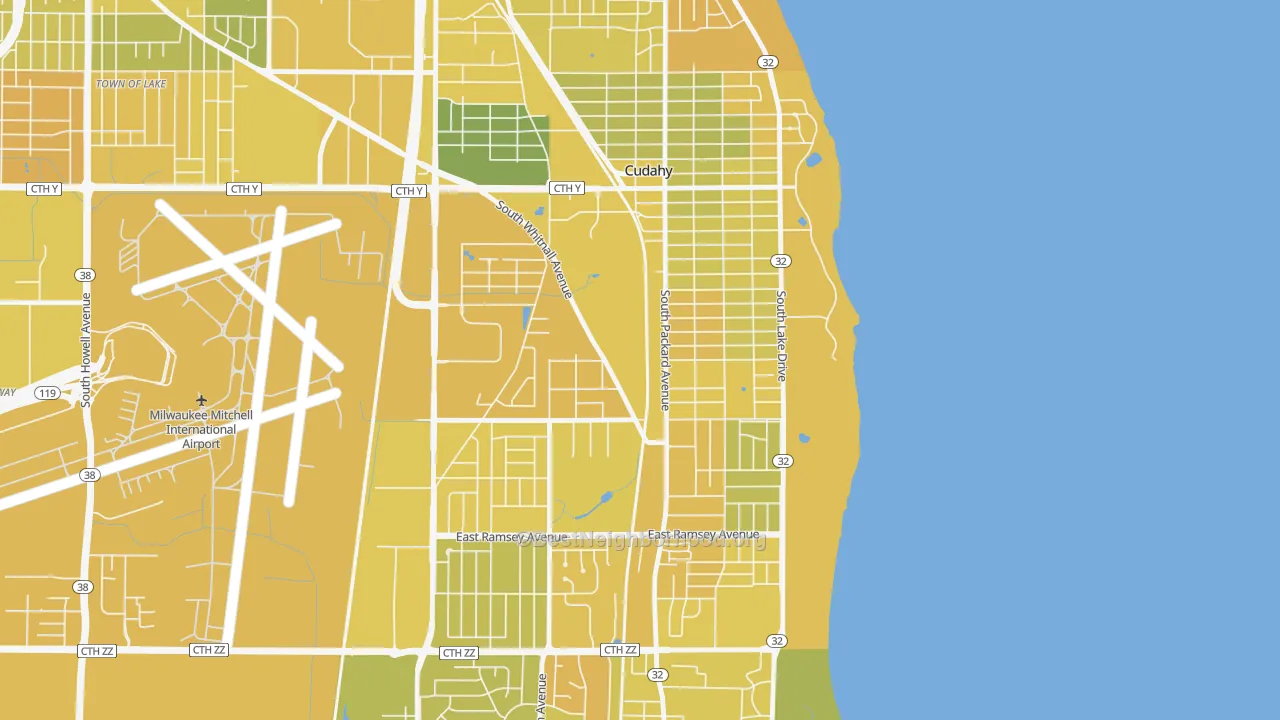 Map of the best neighborhoods in the Cudahy area, with better matches in green and worse matches in red