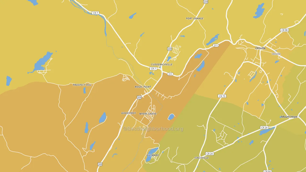 Map of the best neighborhoods in the Cuddebackville area, with better matches in green and worse matches in red
