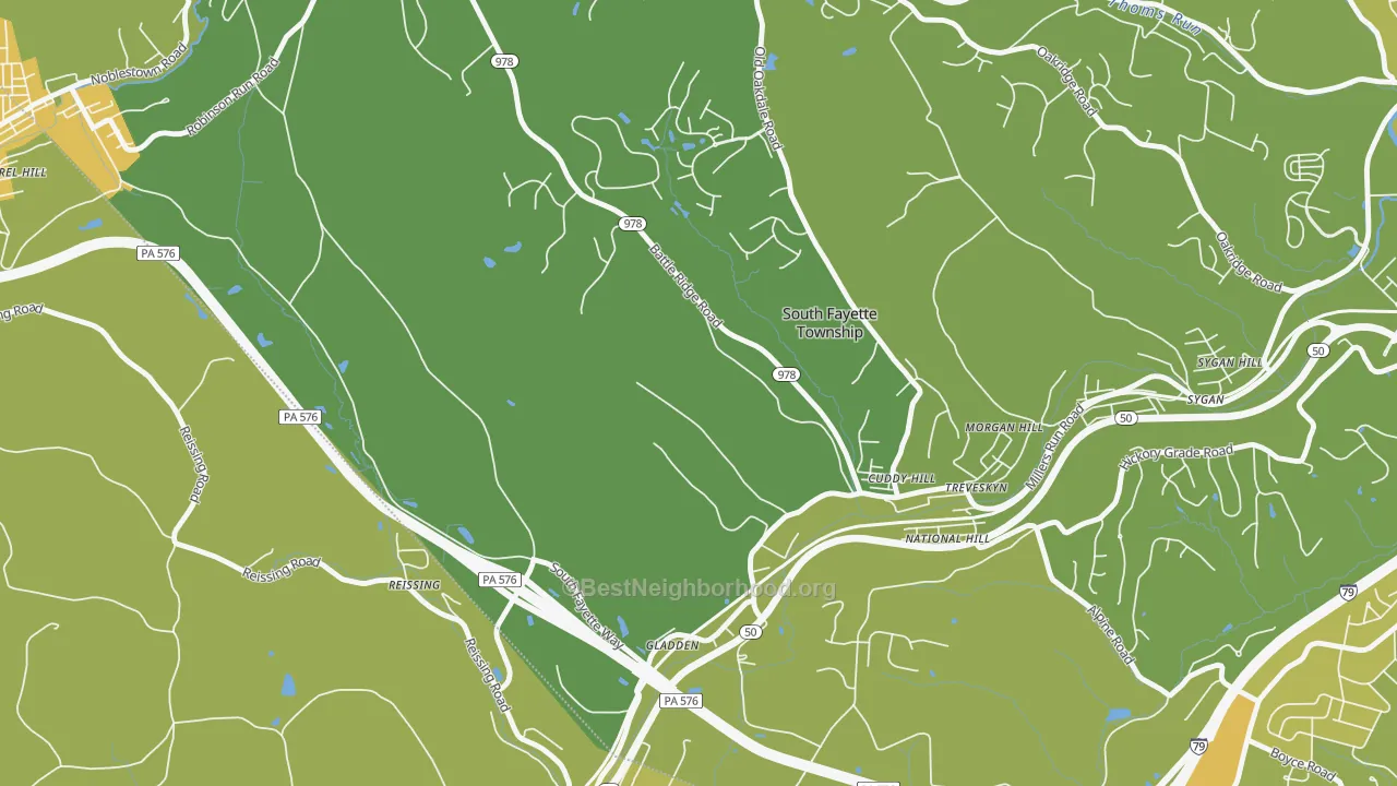 Map of the best neighborhoods in the Cuddy area, with better matches in green and worse matches in red