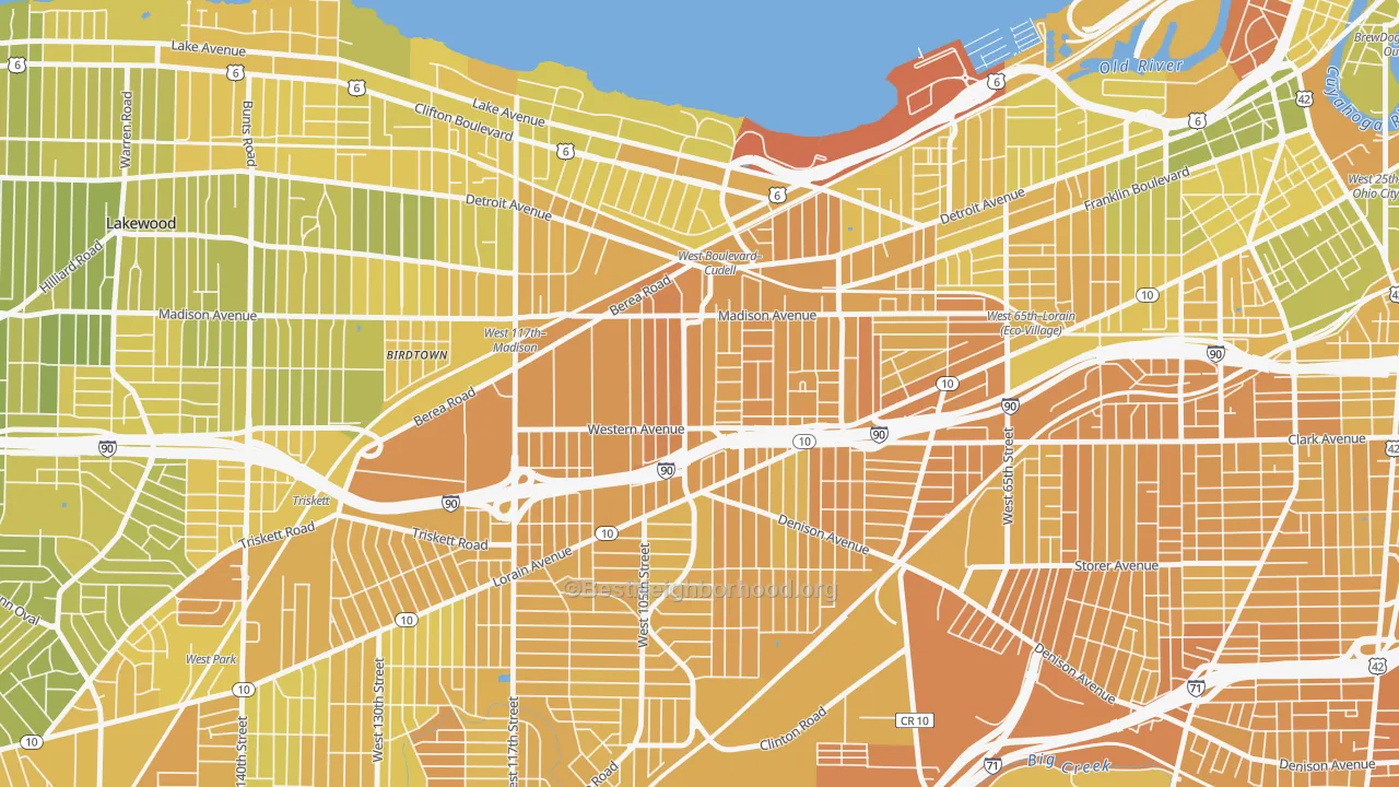 Map of the best neighborhoods in the Cudell, Cleveland area, with better matches in green and worse matches in red