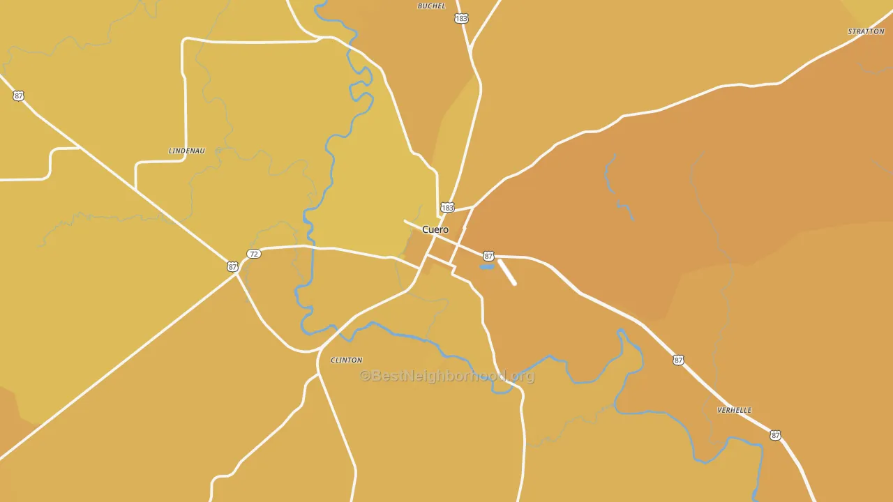 Map of the best neighborhoods in the Cuero area, with better matches in green and worse matches in red