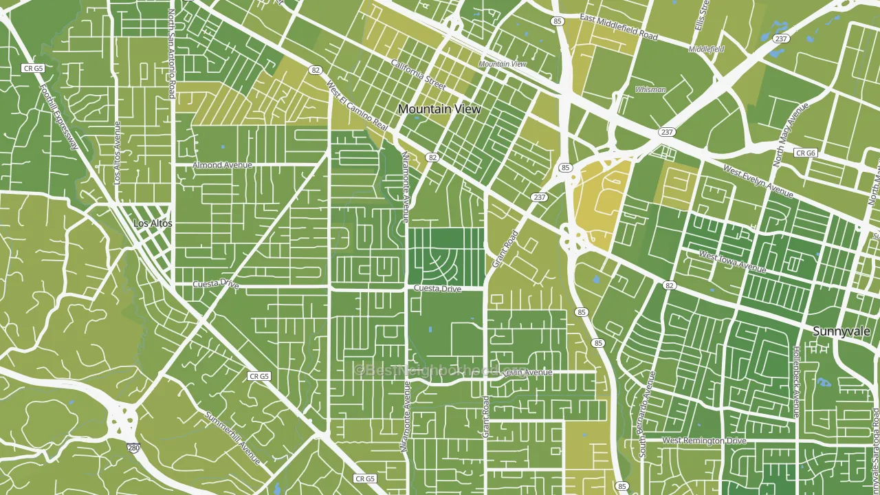 Map of the best neighborhoods in the Cuesta Park, Mountain View area, with better matches in green and worse matches in red