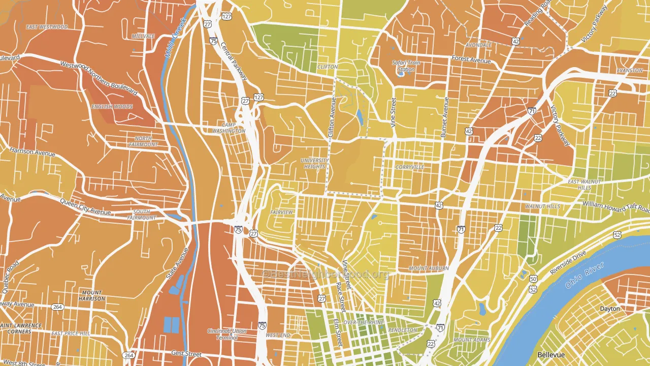 Map of the best neighborhoods in the Cuf, Cincinnati area, with better matches in green and worse matches in red
