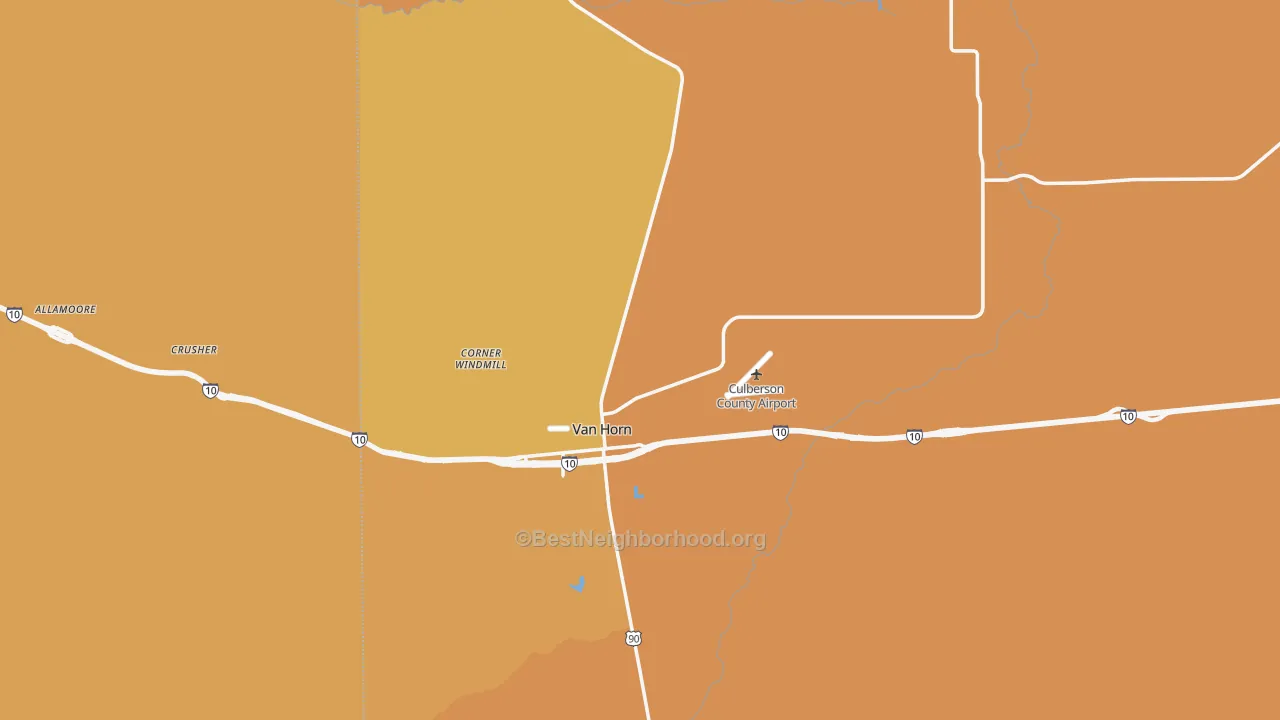 Map of the best neighborhoods in the Culberson County area, with better matches in green and worse matches in red