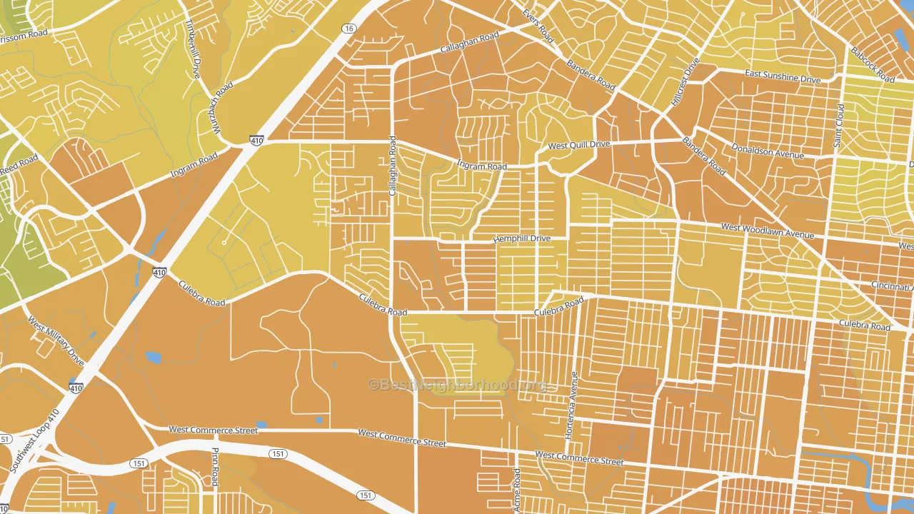 Map of the best neighborhoods in the Culebra Park, San Antonio area, with better matches in green and worse matches in red