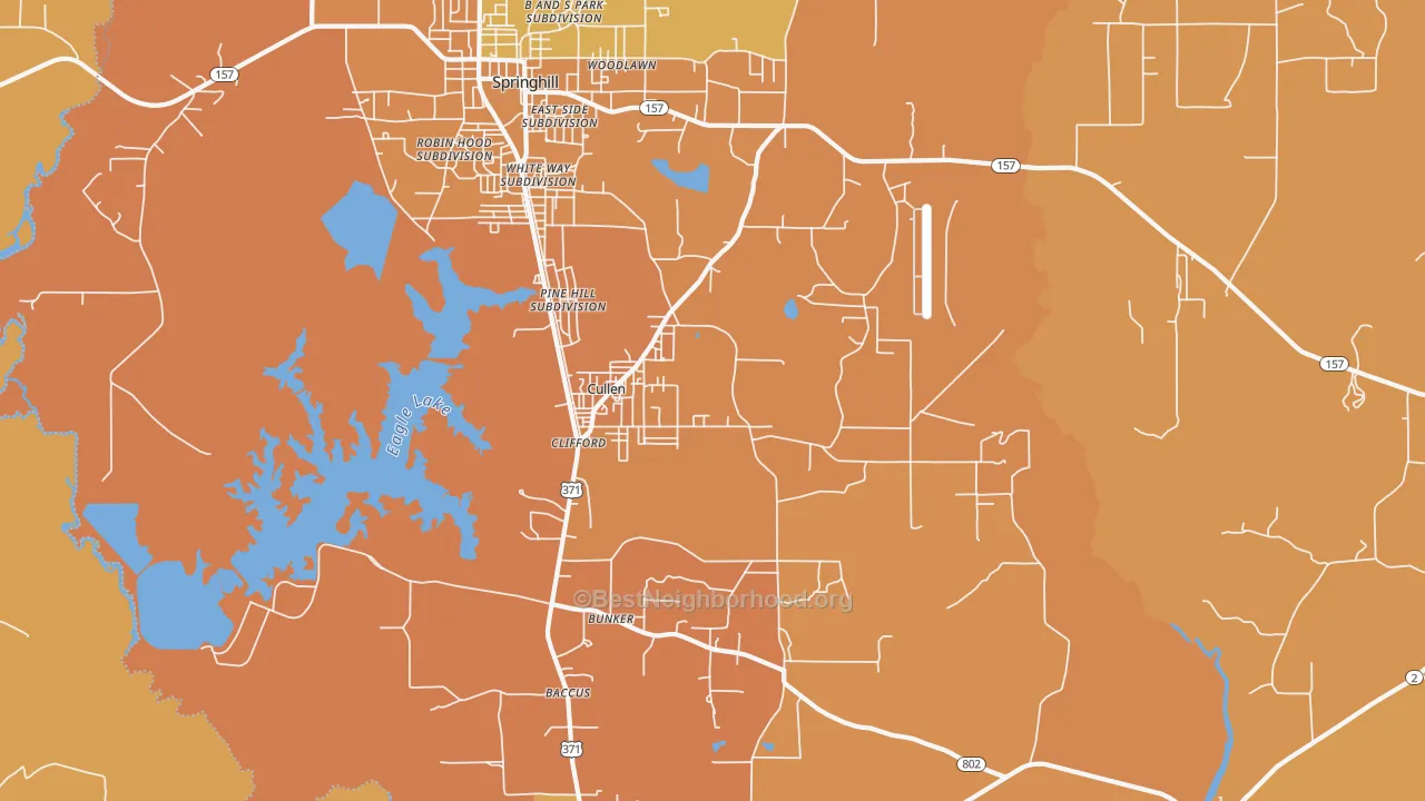 Map of the best neighborhoods in the Cullen area, with better matches in green and worse matches in red