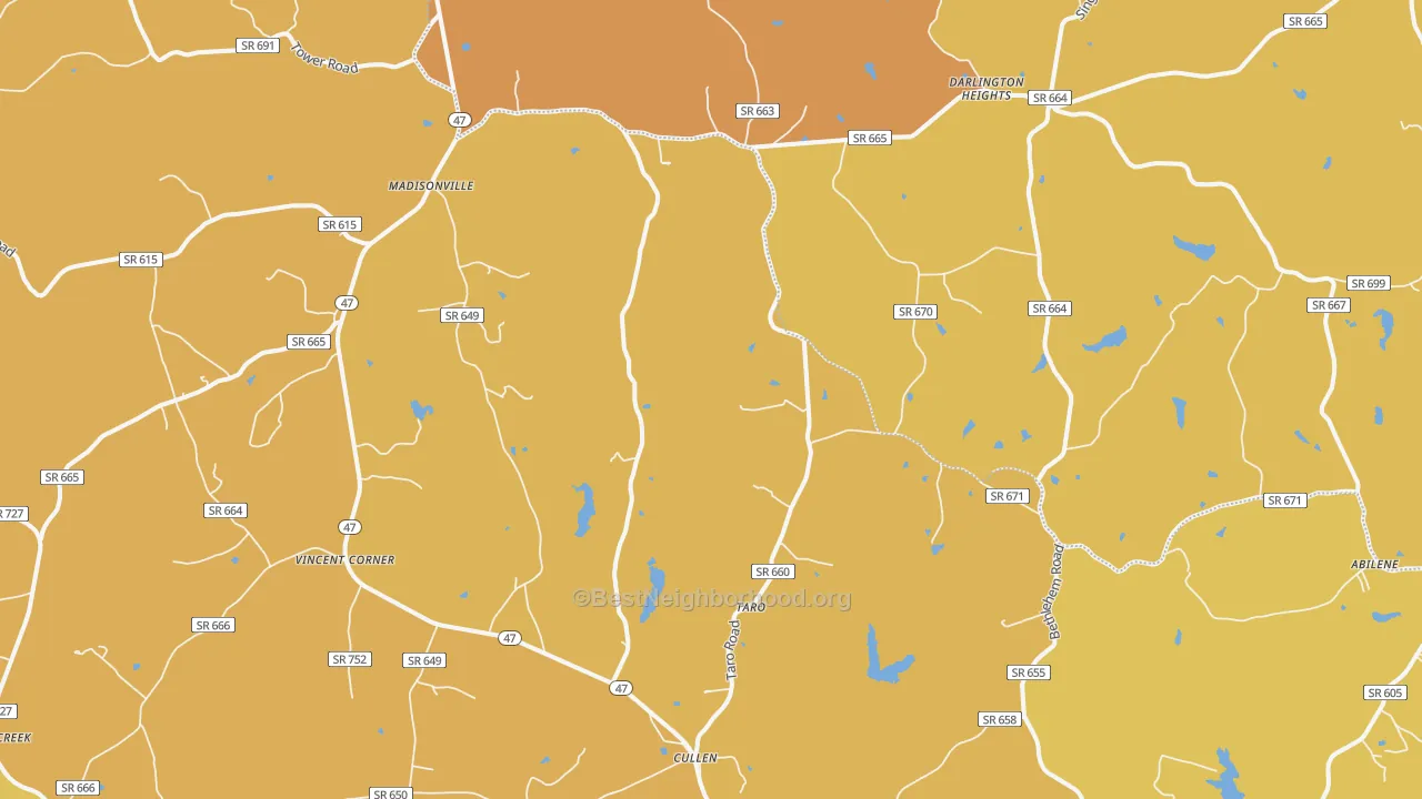 Map of the best neighborhoods in the Cullen area, with better matches in green and worse matches in red