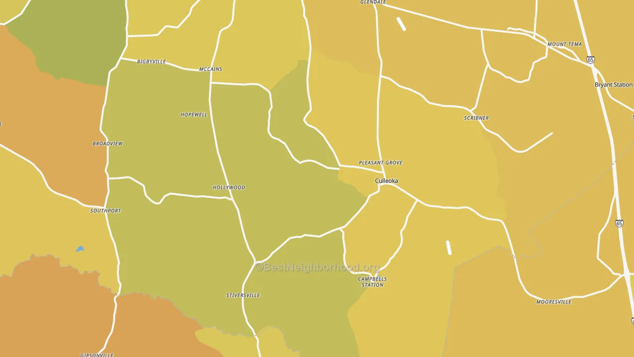 Map of the best neighborhoods in the Culleoka area, with better matches in green and worse matches in red