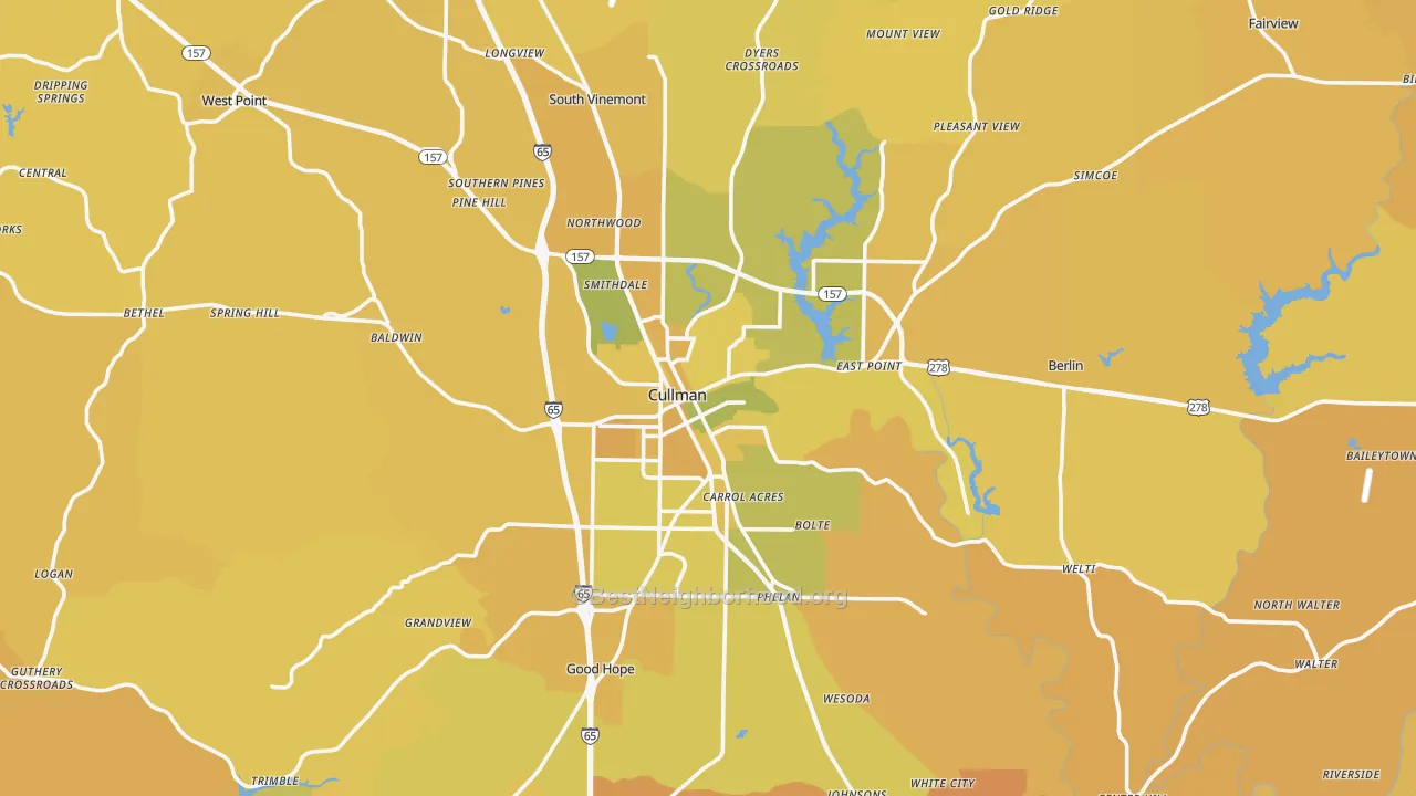 Map of the best neighborhoods in the Cullman area, with better matches in green and worse matches in red