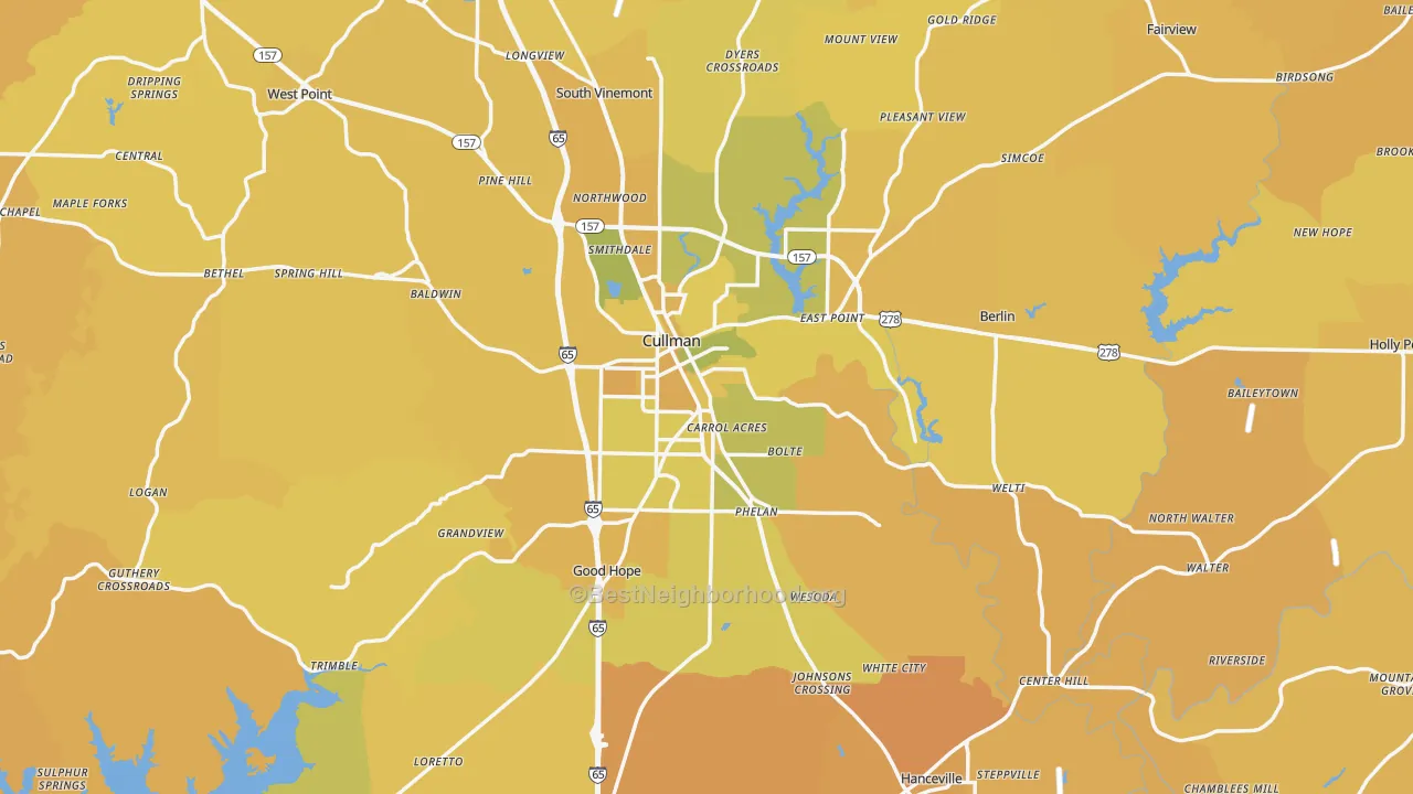 Map of the best neighborhoods in the Cullman County area, with better matches in green and worse matches in red