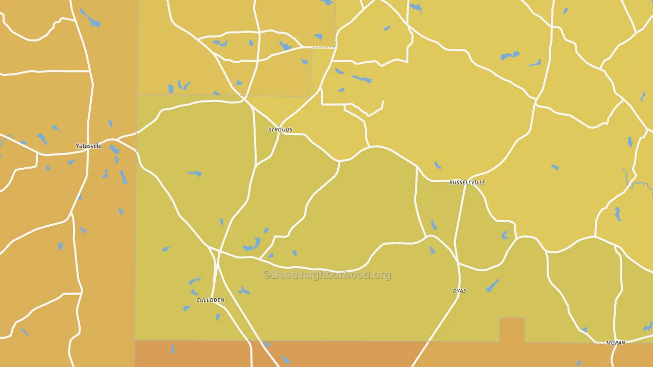 Map of the best neighborhoods in the Culloden area, with better matches in green and worse matches in red