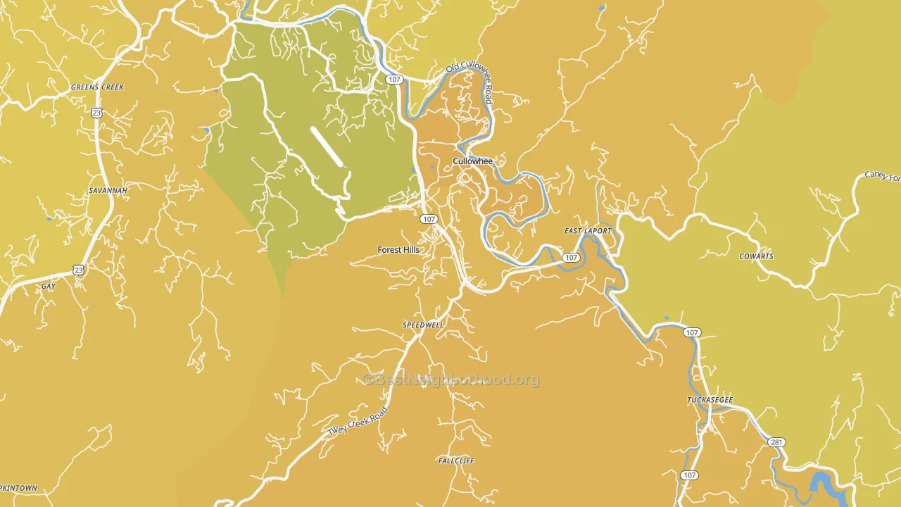 Map of the best neighborhoods in the Cullowhee area, with better matches in green and worse matches in red