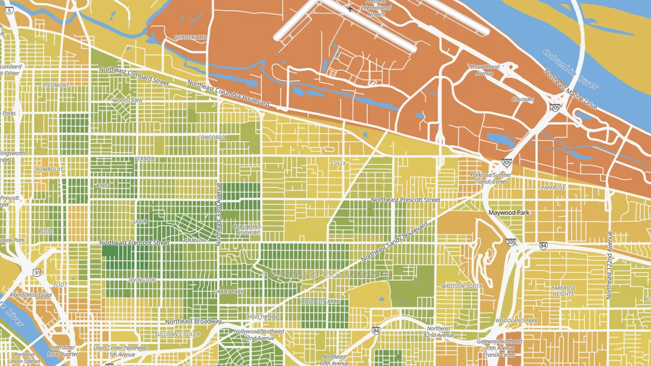 Map of the best neighborhoods in the Cully, Portland area, with better matches in green and worse matches in red