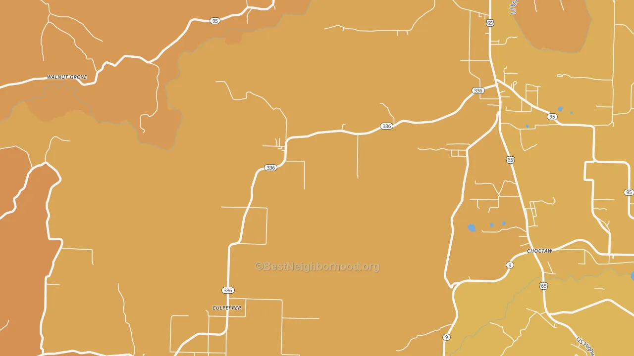 Map of the best neighborhoods in the Culpeper area, with better matches in green and worse matches in red