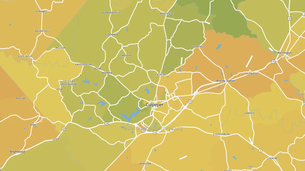 Map of the best neighborhoods in the Culpeper County area, with better matches in green and worse matches in red