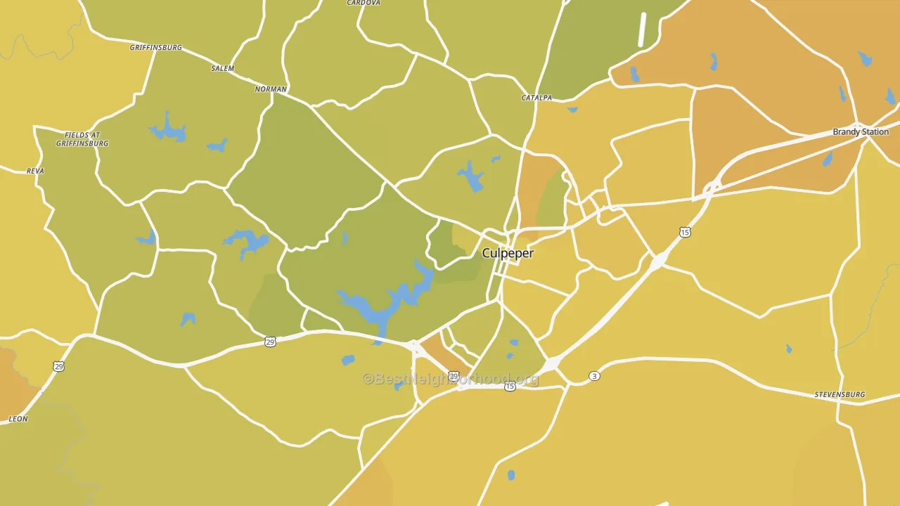 Map of the best neighborhoods in the Culpeper area, with better matches in green and worse matches in red
