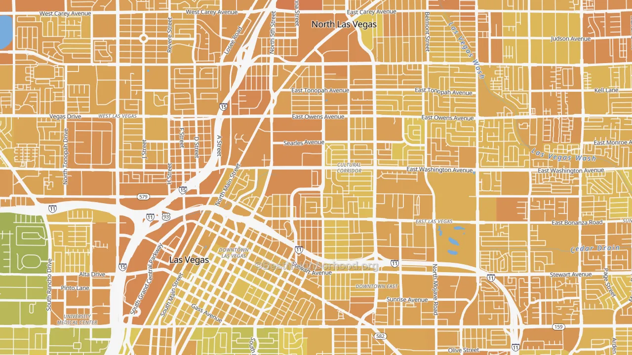 Map of the best neighborhoods in the Cultural Corridor, Las Vegas area, with better matches in green and worse matches in red
