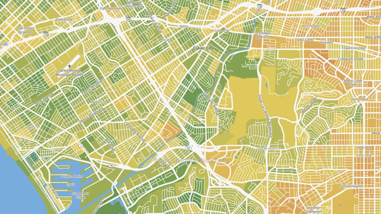 Map of the best neighborhoods in the Culver City area, with better matches in green and worse matches in red