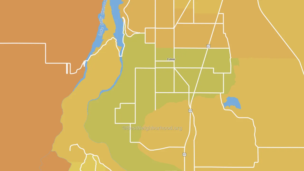 Map of the best neighborhoods in the Culver area, with better matches in green and worse matches in red