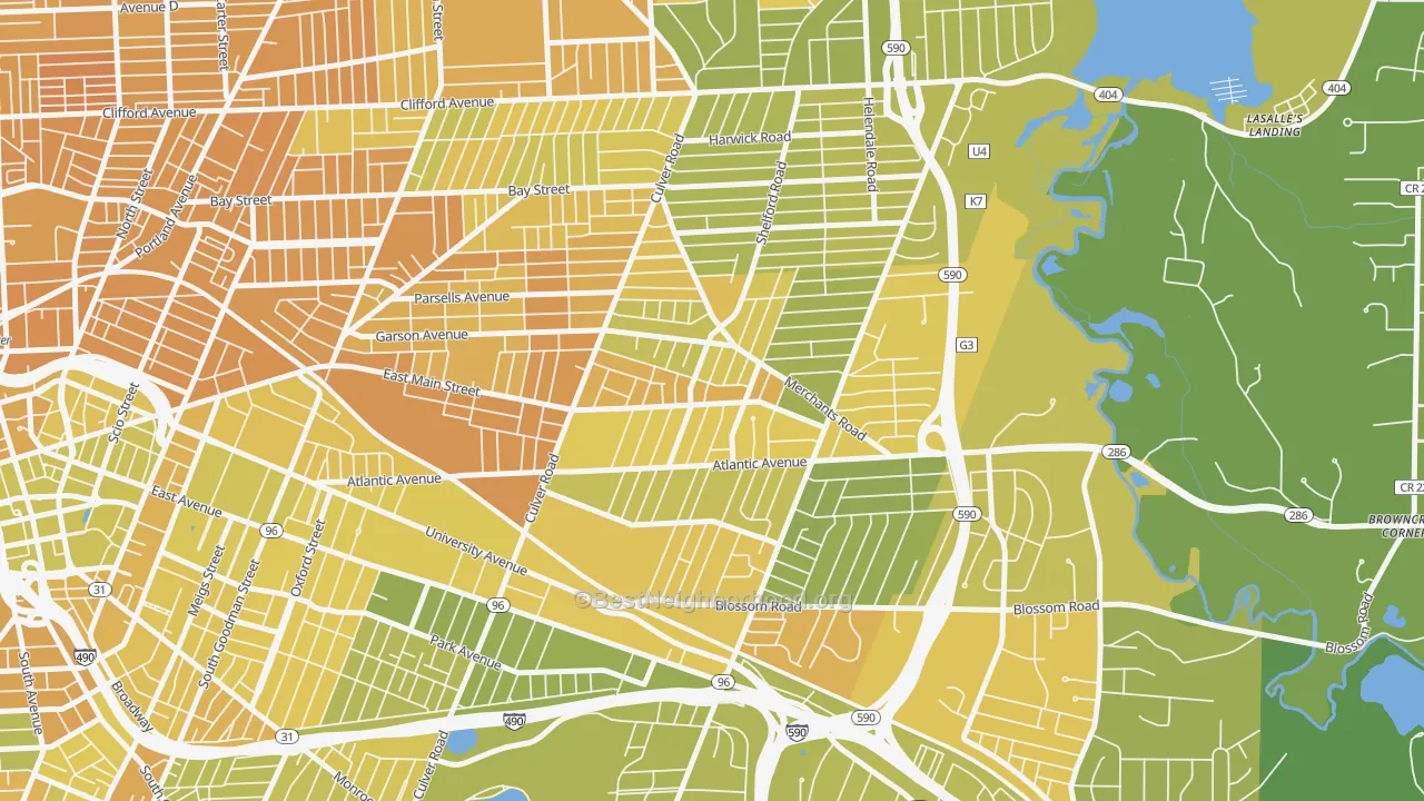 Map of the best neighborhoods in the Culver-Winton, Rochester area, with better matches in green and worse matches in red