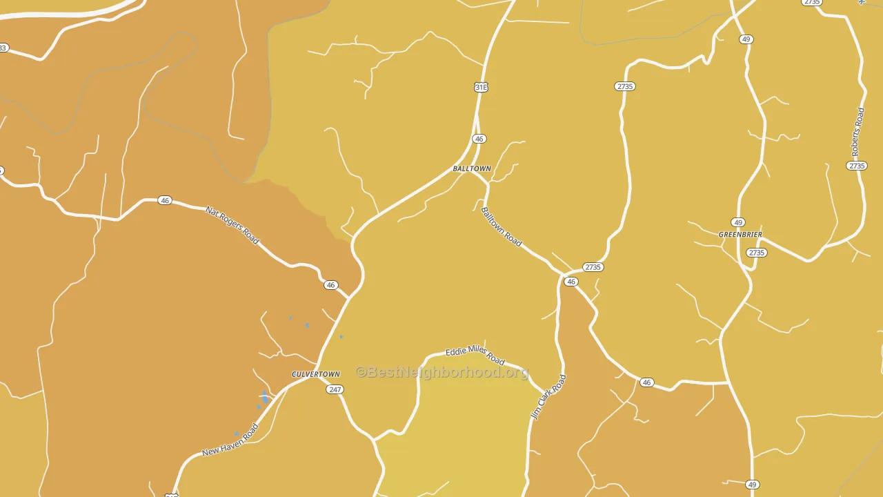 Map of the best neighborhoods in the Culvertown area, with better matches in green and worse matches in red