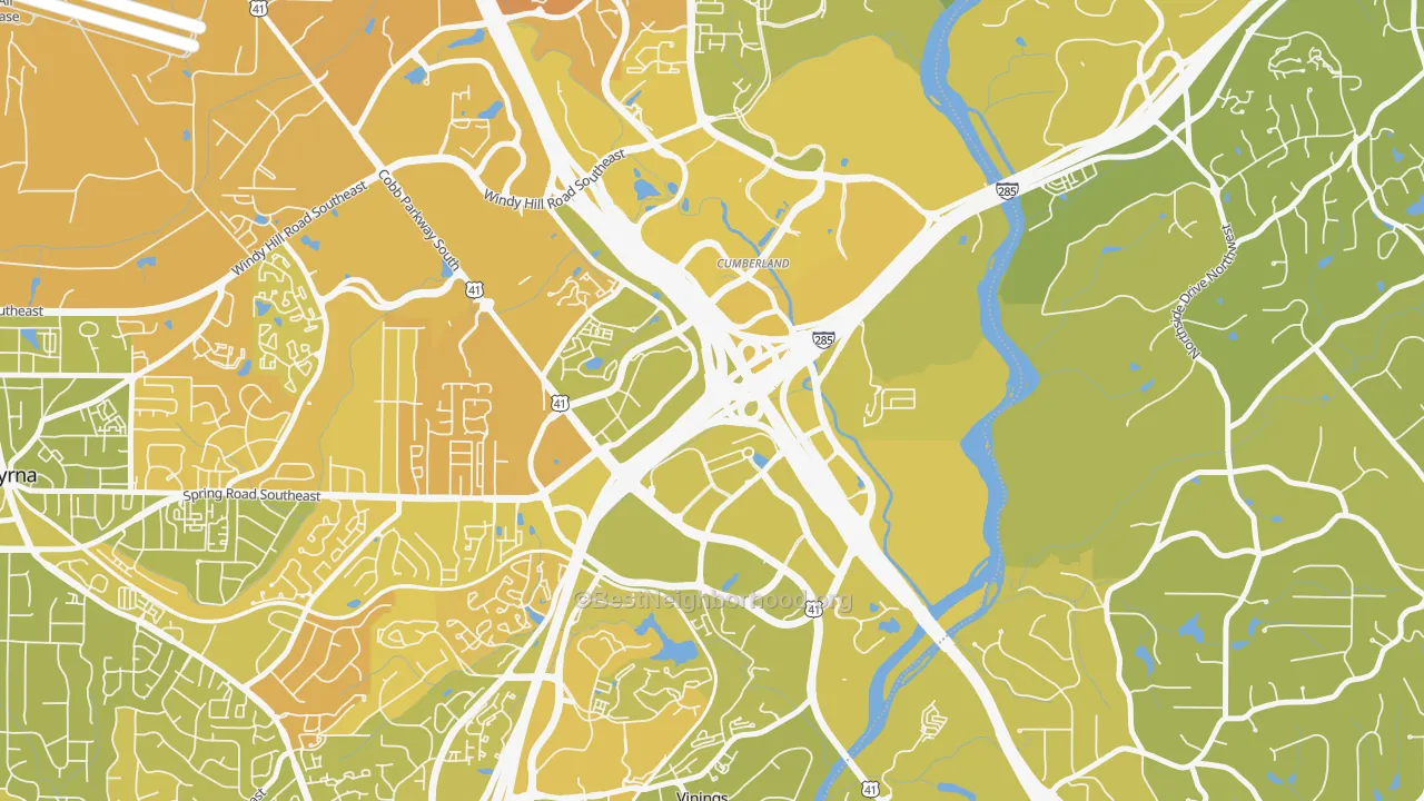 Map of the best neighborhoods in the Cumberland, Atlanta area, with better matches in green and worse matches in red