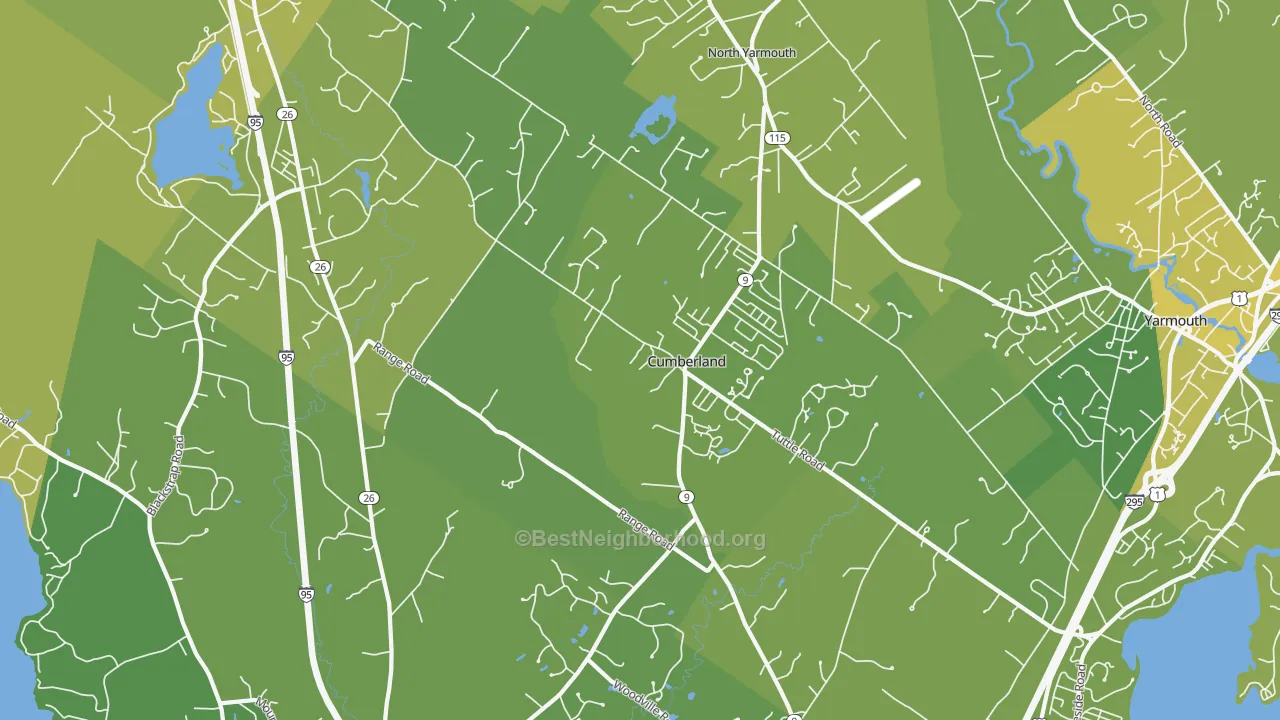Map of the best neighborhoods in the Cumberland Center area, with better matches in green and worse matches in red