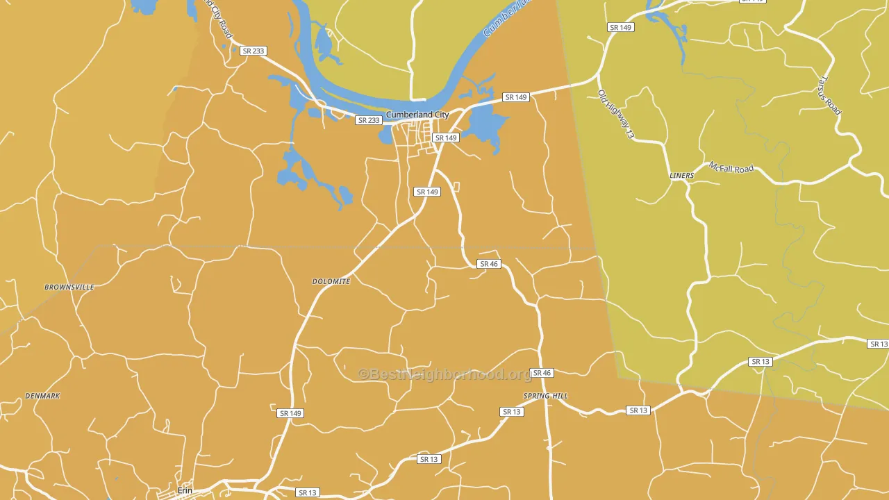 Map of the best neighborhoods in the Cumberland City area, with better matches in green and worse matches in red