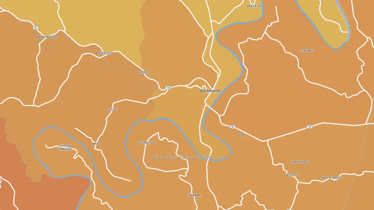 Map of the best neighborhoods in the Cumberland County area, with better matches in green and worse matches in red
