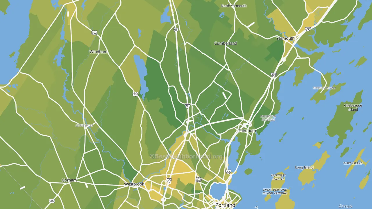Map of the best neighborhoods in the Cumberland County area, with better matches in green and worse matches in red