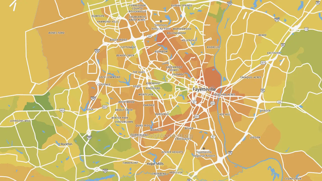 Map of the best neighborhoods in the Cumberland County area, with better matches in green and worse matches in red